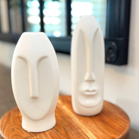 Modern White Ceramic Face Vase Set — Kaolinite • Set of 2 • Minimalist Sculpture - Picture 1 of 11